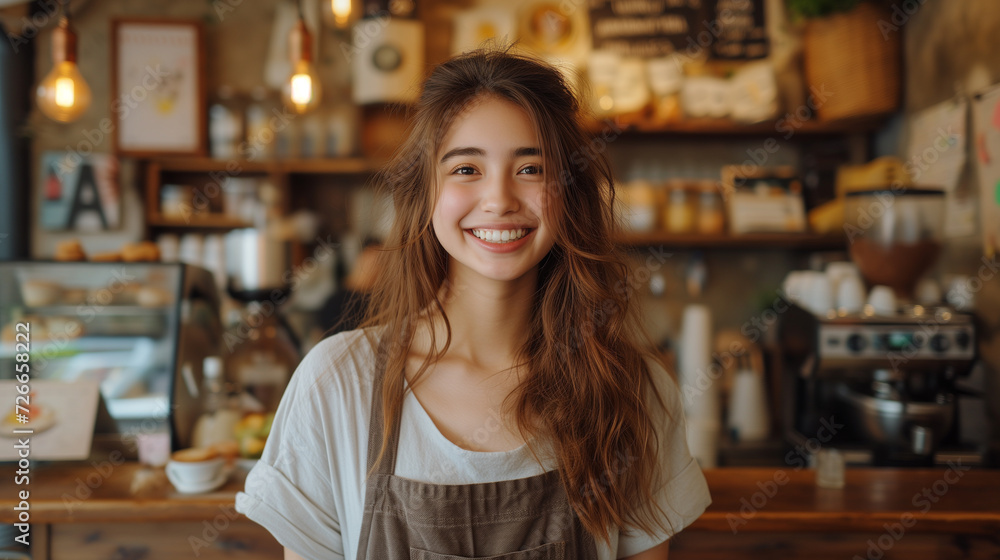 A radiant barista charms with a smile in the heart of the coffee shop.