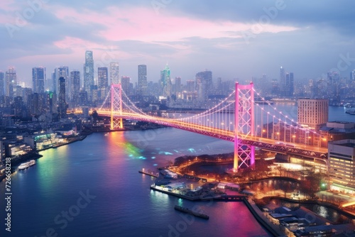 A gigantic bridge gracefully stretches over a colossal expanse of water  View of Tokyo Bay  Rainbow Bridge  and Tokyo Tower landmark  AI Generated