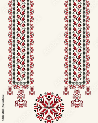 Ethnic neck embroidery floral pattern. Ethnic neckline floral design. Vector geometric neckline traditional stitch pattern. Embroidery collar shirts fashion. Ethnic woman blouse, clothing fashion.