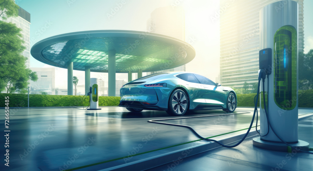 Innovative electric car connected to charging station with future architecture building background.