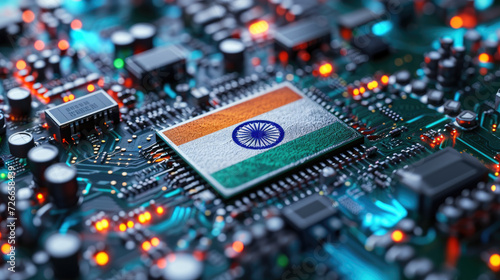 India flag print screen on Microchip processor on electronic board for important component in computer smartphone photo