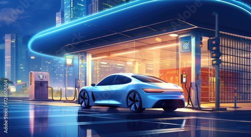 Innovative electric car connected to charging station with future architecture building background. © kiatipol