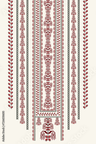 Ethnic neck embroidery floral pattern. Ethnic neckline floral design. Vector geometric neckline traditional stitch pattern. Embroidery collar shirts fashion. Ethnic woman blouse, clothing fashion.