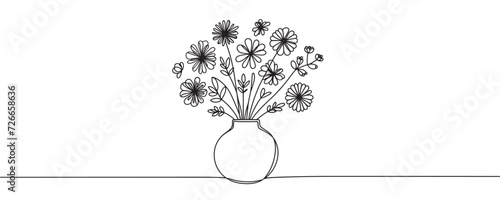 vase with flowers in one line. continuous drawing of a vase with a bouquet of flowers