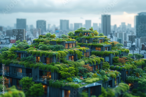 A cityscape with green rooftops and urban gardens, showcasing eco-friendly urban development. Concept of sustainable cities and urban greening. Generative Ai.