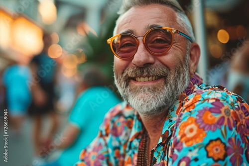 Generative AI illustration of portrait of happy mature man in colorful clothes and sunglasses smiling while relaxing in city in summer