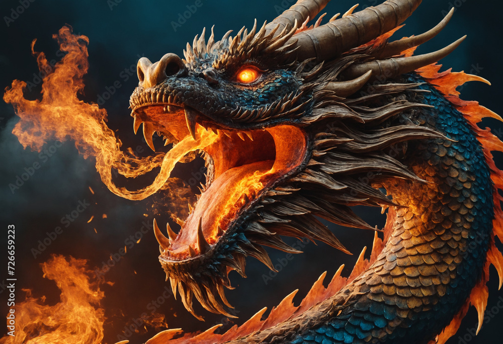 Burning dragon, dark atmospheric mood, can be used as fantasy background