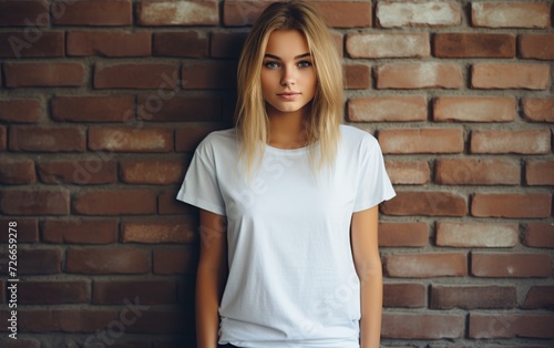 Close-up of young woman in blank white t-shirt, front view on brick wall background. Mockup T-shirt design, people concept.