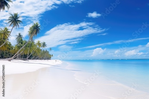 A stunning tropical beach scene with palm trees and transparent water, creating a perfect paradise setting, White sand and coco palms travel tourism wide panorama background concept, AI Generated