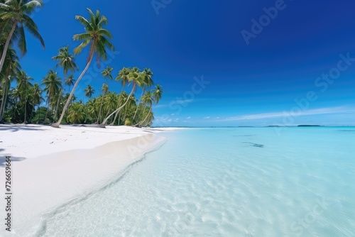 A stunning beach adorned with swaying palm trees and pristine, transparent water, White sand and coco palms travel tourism wide panorama background concept, AI Generated