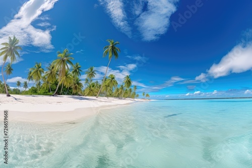 A picture capturing the beauty of a tropical beach, complete with palm trees and crystal-clear water, White sand and coco palms travel tourism wide panorama background concept, AI Generated
