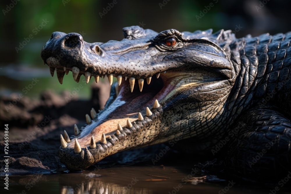 Obraz premium Crocodile with open mouth and teeth in the water, Show a close-up of a Black Caiman profile with an open mouth against a defocused background at the water's edge, AI Generated