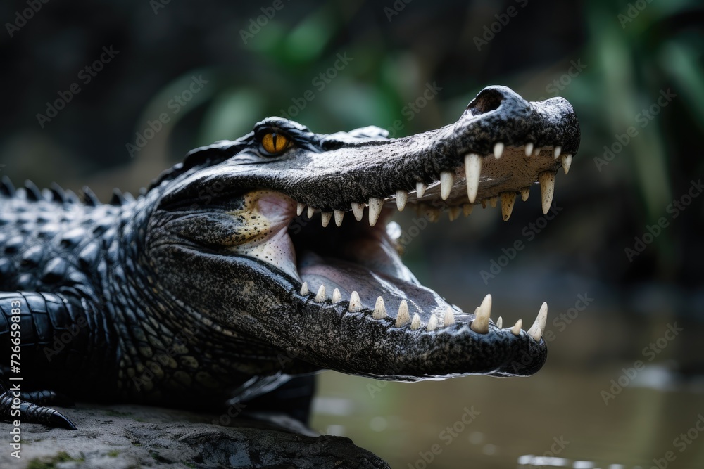 Obraz premium Crocodile with open mouth in water, Pantanal, Brazil, Show a close-up of a Black Caiman profile with an open mouth against a defocused background at the water's edge, AI Generated