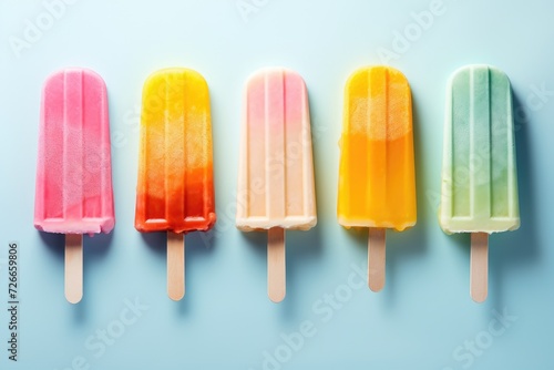 Colorful popsicles on blue background  top view  copy space  Set of bright ice cream popsicles  AI Generated