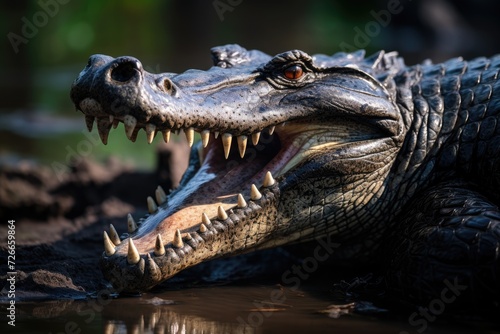 Crocodile with open mouth and teeth in the water, Show a close-up of a Black Caiman profile with an open mouth against a defocused background at the water's edge, AI Generated © Ifti Digital