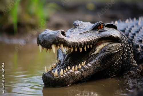 Close up of a crocodile in the rainforest of Belize, Show a close-up of a Black Caiman profile with an open mouth against a defocused background at the water's edge, AI Generated