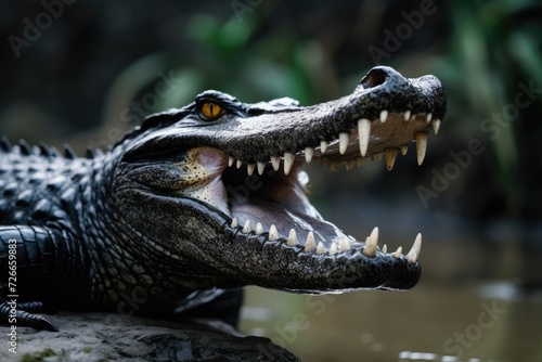 Crocodile with open mouth in water, Pantanal, Brazil, Show a close-up of a Black Caiman profile with an open mouth against a defocused background at the water's edge, AI Generated