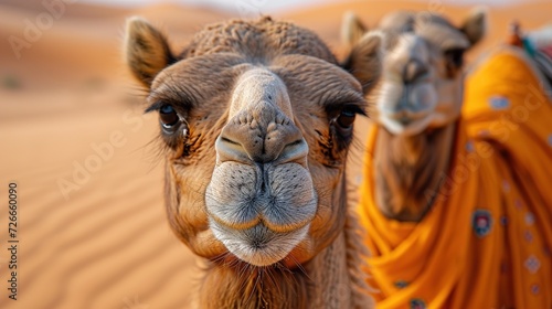 Portrait camel head close-up  in the desert.