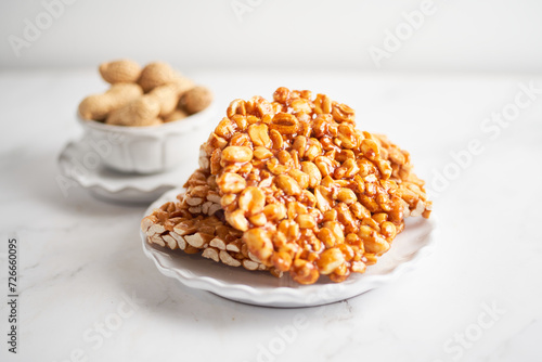 Plate of traditional peanut brittle or palanqueta, mexican candy