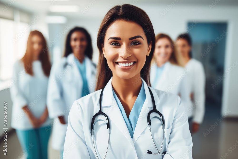 Portrait of a smiling female doctor standing in front of her team, Smiling female doctor standing with medical colleagues in a hospital, AI Generated Portrait of a smiling female doctor standing in front of her team, Smiling female doctor standing with medical colleagues in a hospital, AI Generated