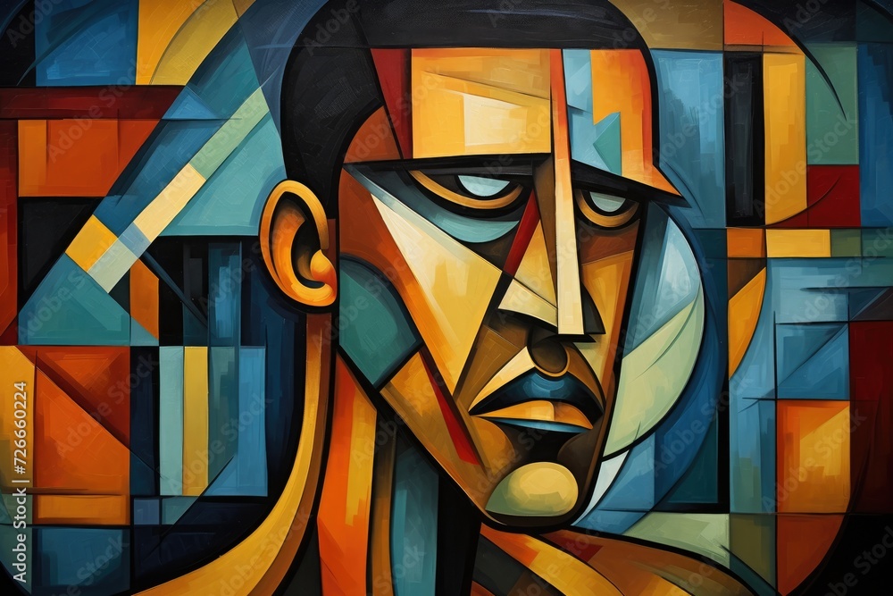Digital painting of a man's face on a stained glass window, Somber man depicted in a style reminiscent of cubism and futurism, Cubism art, AI Generated