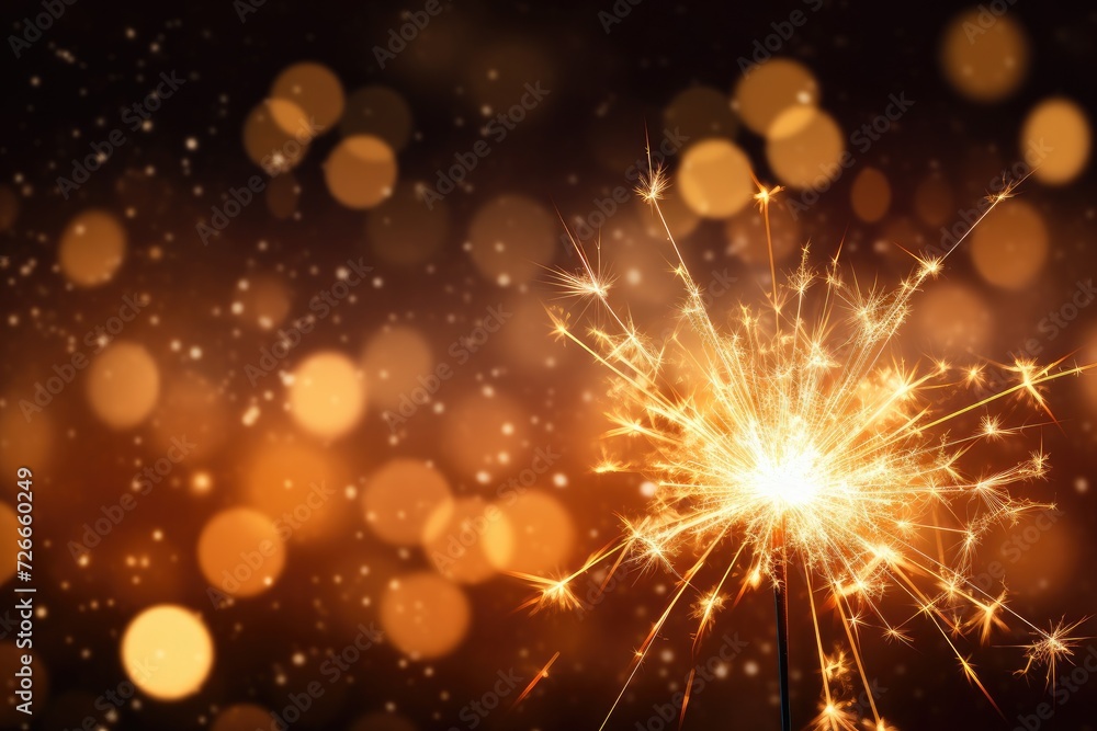 Fototapeta premium Christmas and New Year party sparkler on black bokeh background, Sparkler New Year background, AI Generated
