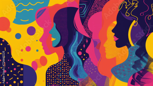 An abstract background design for International Women's Day, featuring vibrant colors and symbols of female empowerment and equality.