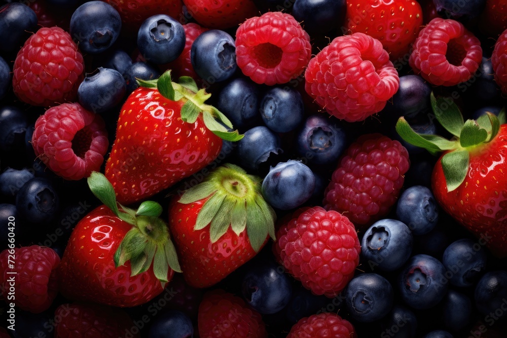 Background of fresh berries. Berries background. Berries background, Strawberries and blueberries HD 8K wallpaper stock photographic image, AI Generated Background of fresh berries. Berries background. Berries background, Strawberries and blueberries HD 8K wallpaper stock photographic image, AI Generated