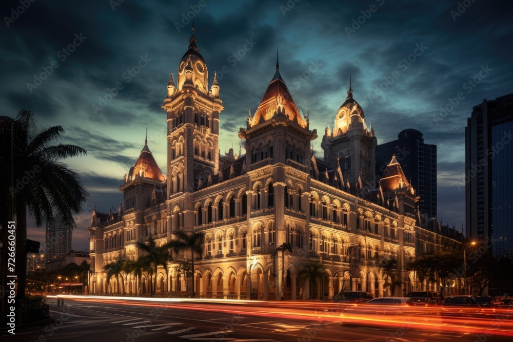 The Central Post Office building at night in Bangkok, Thailand, Sultan Abdul Samad Building in Kuala Lumpur, AI Generated