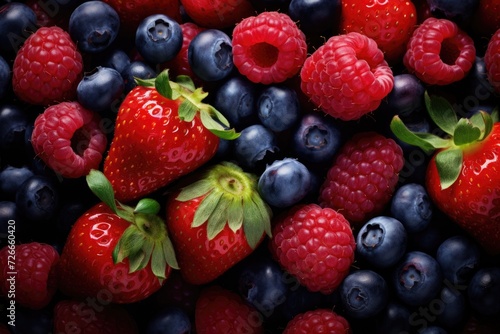 Background of fresh berries. Berries background. Berries background  Strawberries and blueberries HD 8K wallpaper stock photographic image  AI Generated