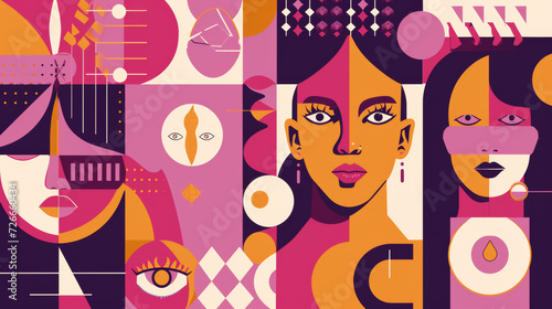 A geometric background with symbols of female empowerment, perfect for International Women's Day brochures or posters.