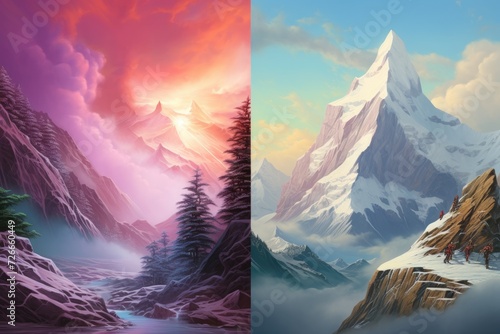 Fantasy landscape with mountain lake  forest and snow-capped peaks  Stunning painted mountains with a realistic art style  AI Generated