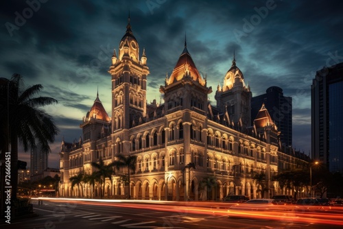 The Central Post Office building at night in Bangkok, Thailand, Sultan Abdul Samad Building in Kuala Lumpur, AI Generated photo