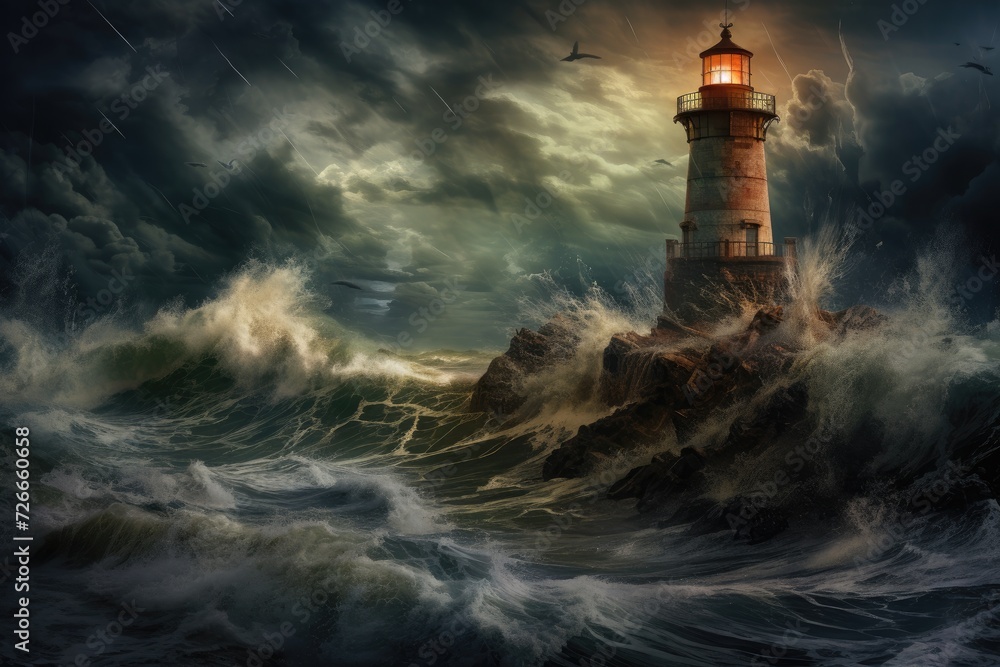 A solitary lighthouse stands tall amidst crashing waves and turbulent weather, Thunder, lightning, and high waves surround a lighthouse in this stormy scene, AI Generated