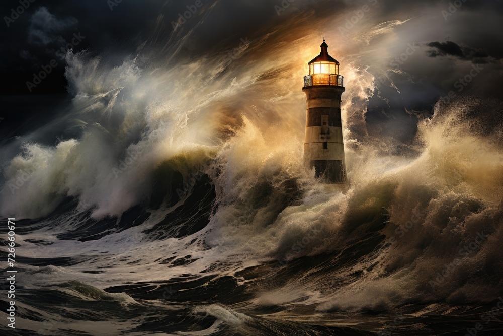 A formidable lighthouse bravely endures an enormous wave rushing towards it, Thunder, lightning, and high waves surround a lighthouse in this stormy scene, AI Generated