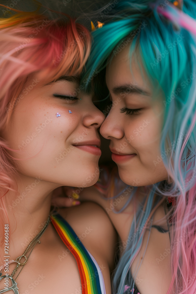 Closeup candid portrait of a young kawaii couple, rainbow colors, love, romantic, girls, playful, femininity