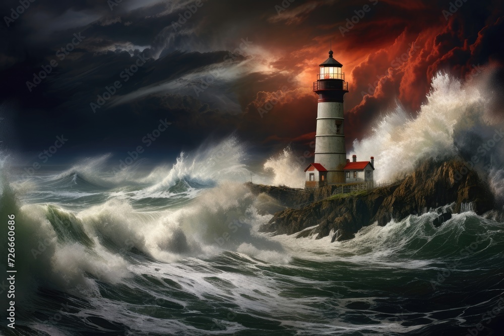 Painting of Lighthouse in Stormy Sea, Maritime Scene Depicting Towering Waves and Guiding Beacon, Thunder, lightning, and high waves surround a lighthouse in this stormy scene, AI Generated
