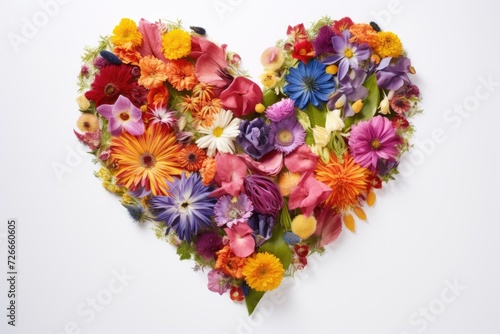 Heart Shaped Flower Arrangement on White Background, The shape of a heart created with a multitude of leaves and colorful flowers on a white background, AI Generated