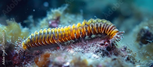 Underwater image of a rare banded bootlace sea worm (Notospermus geniculatus) in the Mediterranean.