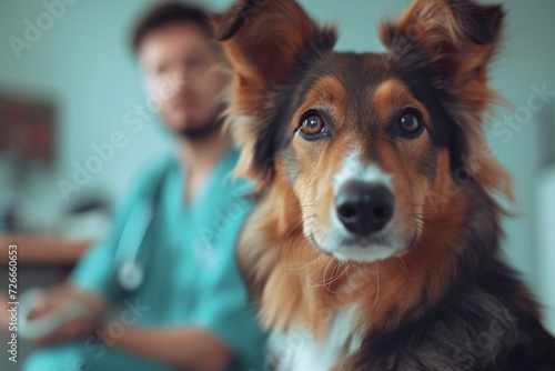 Generative AI image of adorable dog looking at camera while sitting with crop male carrying veterinarian device in hand against blurred background © Manzoor