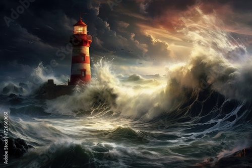 A powerful painting capturing the resilience of a lighthouse guiding ships amidst turbulent waves, Thunder, lightning, and high waves surround a lighthouse in this stormy scene, AI Generated