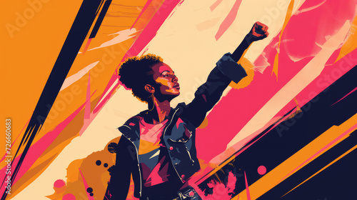 A contemporary poster for International Women's Day, integrating a  modern female leader within a dynamic, urban-inspired design.