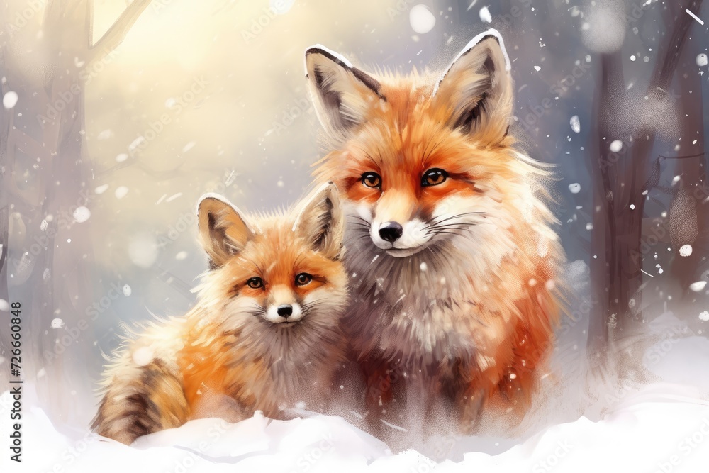 Obraz premium A beautiful and captivating painting showcasing two foxes in a serene snowy environment, Two small cute foxes in the snow, an illustration of animals in the snow, AI Generated