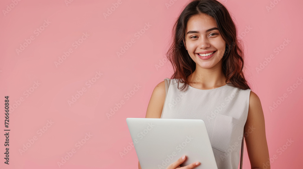 woman is holding a laptop in her arms, standing against a soft pink background woman is holding a laptop in her arms, standing against a soft pink background