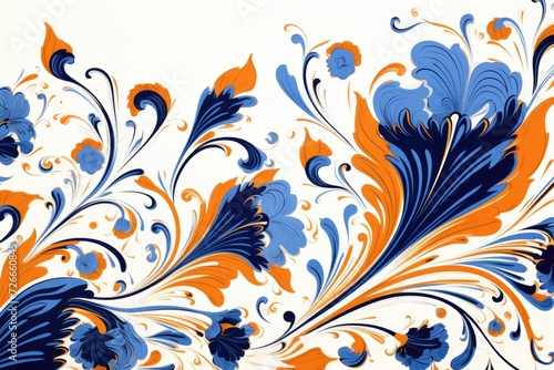 A vibrant painting featuring blue and orange flowers against a crisp white backdrop  Turkey floral pattern with an abstract art graphic line flower  AI Generated