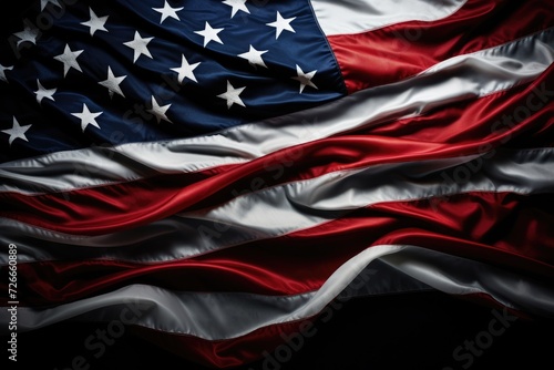 A powerful image of the American flag waving gracefully in the wind, a symbol of freedom and patriotism in the United States, United States Flag On Black Background, AI Generated