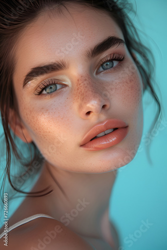 Closeup frontal angle portrait photo of a young glamorous woman with freckles  with Contouring and Highlighting makeup  pastel blue background  peach makeup