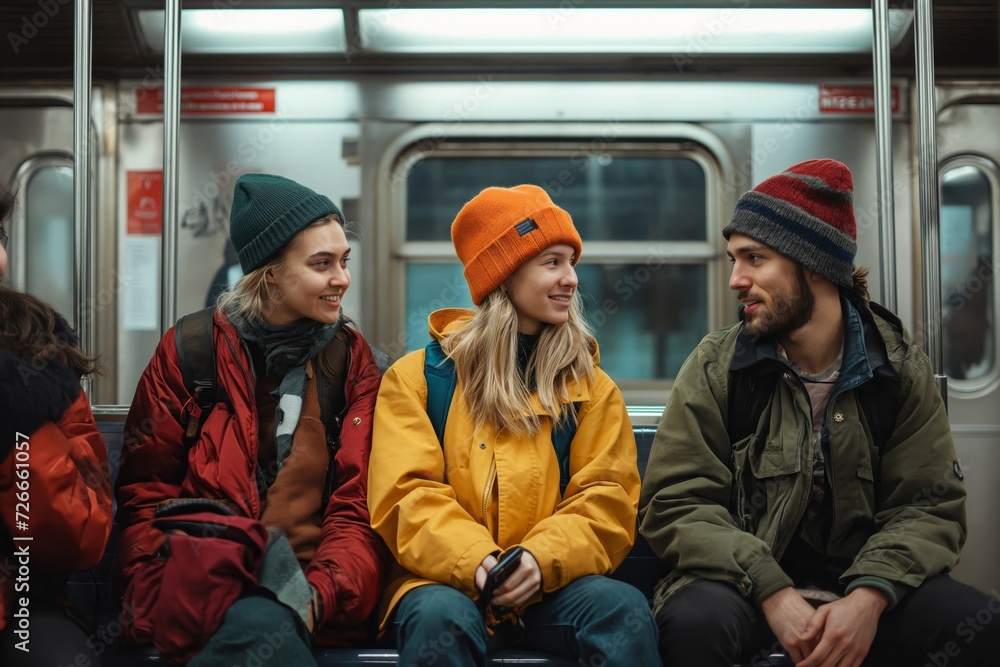 Three friends talk while sitting on the subway. Wintertime, urban transport concept