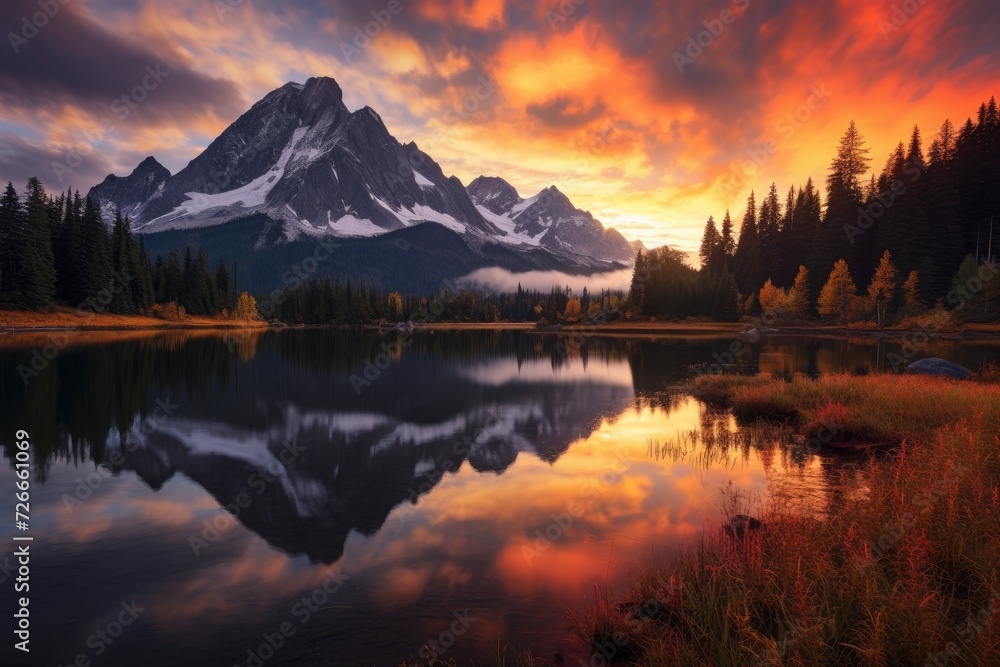 Mountain Reflected in Lake at Sunset, Majestic Natural Scene, View from Picture Lake of Mount Shuksan while the sunrise breaks through an incoming storm during the fall season, AI Generated