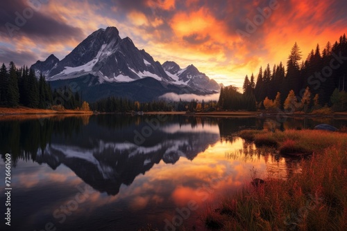 Mountain Reflected in Lake at Sunset, Majestic Natural Scene, View from Picture Lake of Mount Shuksan while the sunrise breaks through an incoming storm during the fall season, AI Generated